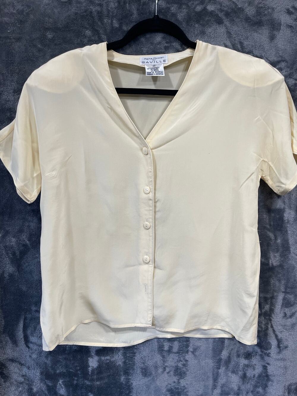 Vintage 90s Rena Rowan for Saville Silk V-Neck Top Light Yellow Cream Women 10